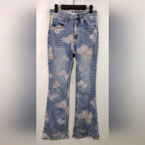 Tinsel Town Butterfly Raw Hem Flare Jeans Size 5 Blue Pink Fairy Retro Boho 90s - Picture 2 of 9